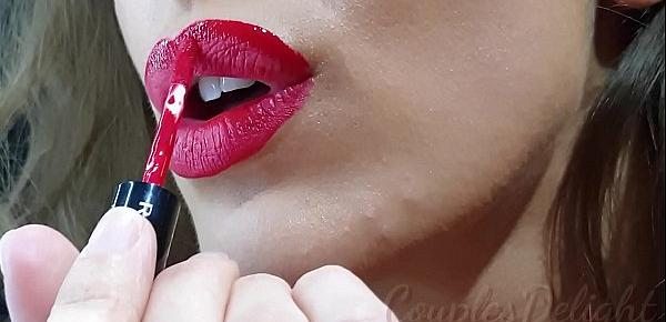  100 Natural Big Lipped skinny wife applying long lasting red lipstick, sucking and deepthroating my cock untill she receives a creamy reward - couplesdelight